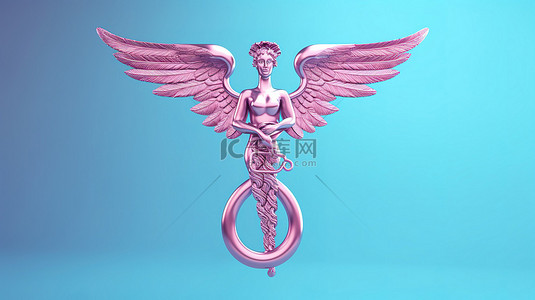 蓝色背景与 3d 中粉红色医疗杖符号的双色调模型
