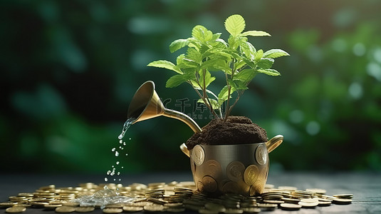 mg浇水背景图片_金钱树生长 3D 渲染硬币浇水概念用于投资