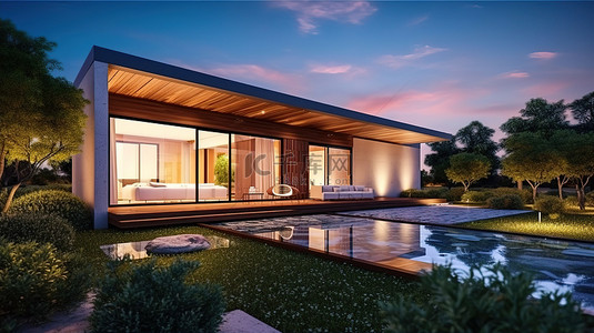 现代房屋的令人惊叹的 3D 渲染，后院有迷人的暮光