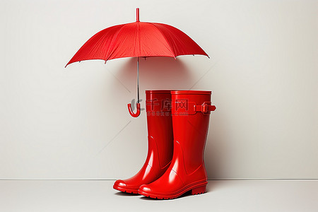 红色高筒靴，下有雨伞