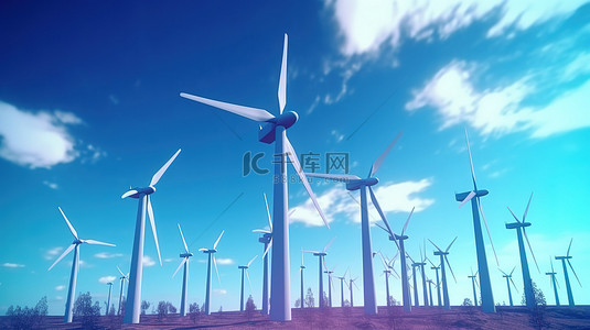 五金产业背景图片_令人惊叹的 3D 渲染，充满活力的蓝天与风力涡轮机和可持续能源网形成鲜明对比