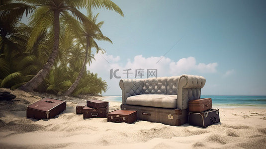 一张沙发和一堆手提箱的 3D 描绘在美丽的热带海岸线上休息