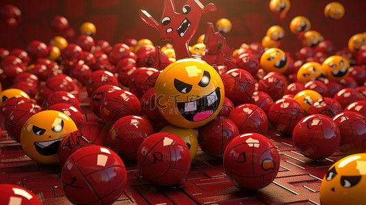 愤怒生气背景图片_加密货币 3D 插图渲染，带有带有标签的愤怒表情球