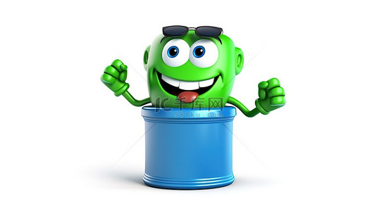 蓝色健身追踪器覆盖绿色垃圾桶吉祥物，白色背景 3d 渲染上带有回收标志