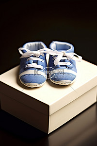 蓝色和白色婴儿鞋套装在木盒中