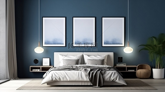 现代卧室内部的 3D 渲染，空深蓝色墙壁，配有模拟海报框架