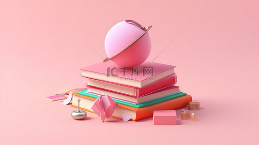 回到学校，以帽子书和粉红色背景为特色的现代等距设计