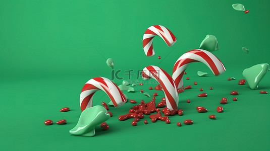 一家人礼物背景图片_缓慢下落的薄荷糖棒在 3d 渲染在绿色背景与棒糖焦糖