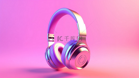 充满活力的渐变耳机是青少年的现代而有趣的配件，在粉红色背景上以 3D 渲染