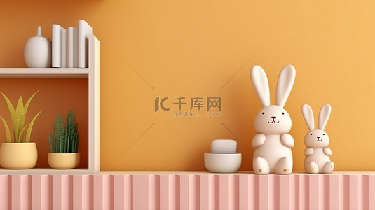 儿童房模型，配有金色展示架，上面有动画 3D 兔子玩具