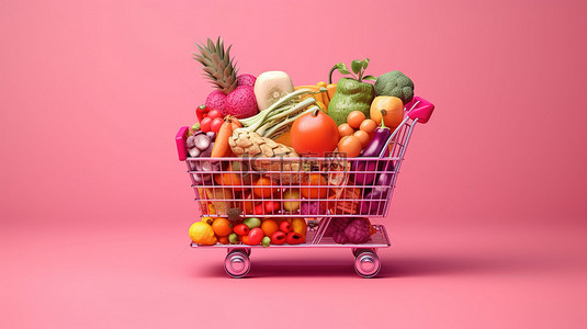 3D 渲染插图杂货店和食品店概念，粉红色背景，装满营养食品购物车