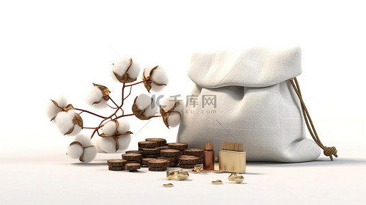 带花朵和硬币的棉质袋白色背景上有价值的可交易物品的 3D 插图