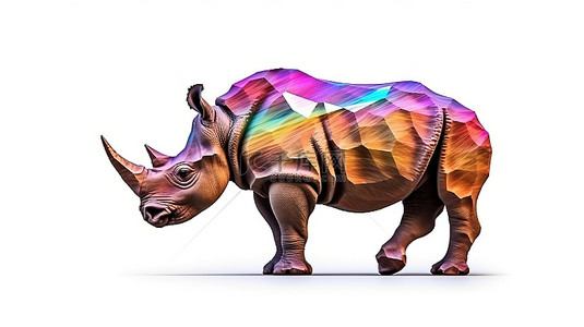 犀牛剪影背景图片_令人惊叹的 3D 艺术品，具有充满活力的棕色犀牛形状，独立于白色背景