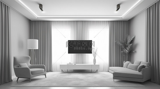 简约的起居空间，配有电视柜和灰色窗帘，辅以 3D 渲染的白色主题装饰