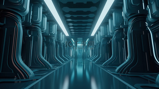 梦幻般的外星城市 3D 渲染景观，具有科幻室内设计中的简单几何形状