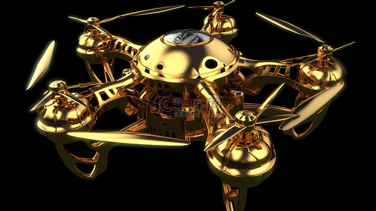 以 3D 渲染的飞行中雄伟的金色无人机的壮观写照