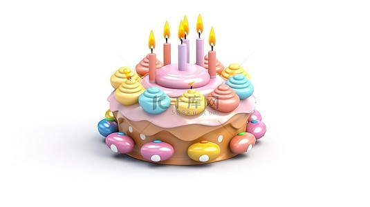 异想天开的 3D 渲染分层生日蛋糕，带有卡通甜点图案和白色背景的蜡烛