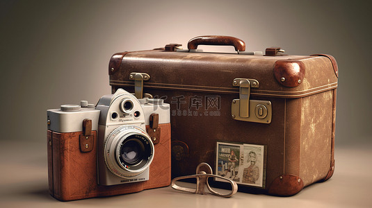 复古棕色手提箱经典相机和护照 3d