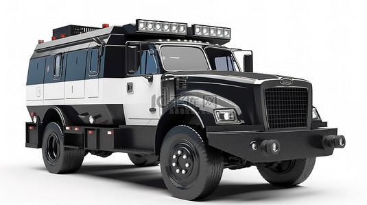 孤立白色背景上 3D 模型中警用卡车和汽车闪烁灯的特写