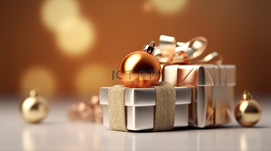 简单的圣诞装饰和带有模糊 3D 渲染效果的礼物盒，现代的节日气氛
