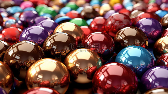 充满活力的糖果涂层巧克力背景与光滑的彩色球 3D 插图