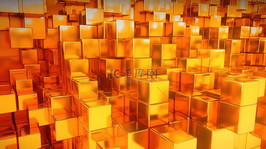 抽象背景，具有橙色和金色渐变的 3D 立方体