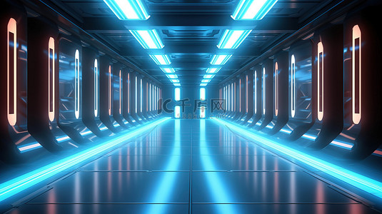 走廊抽象荧光背景图片_未来派霓虹灯走廊，水泥地板上有抽象 3D 渲染