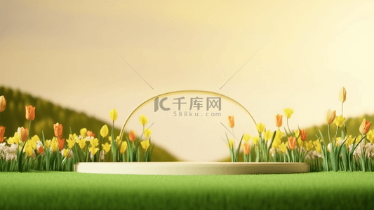 花朵温暖背景图片_郁金香花卉植物展示台春季广告背景