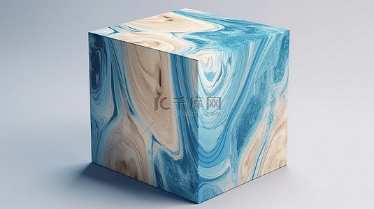 蓝色 3D 场景中的大理石纹理木立方体