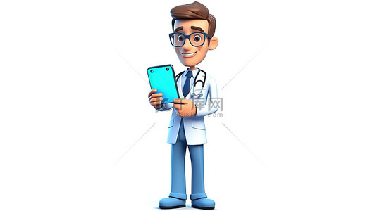 医疗医师背景图片_男性医生在智能手机屏幕上展示大型蓝色平板电脑的卡通风格 3D 插图