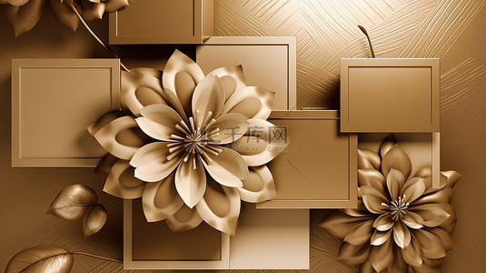 中国风雄伟免费背景图片_雄伟的金色花卉壁画，采用发光的米色丝绸和棕色方块
