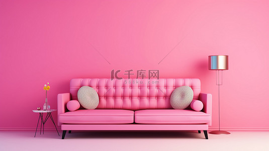 米施卡彩色背景下客厅中粉色沙发和小桌子的 3D 渲染