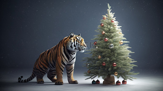 圣诞节主题 3d 老虎与一棵树