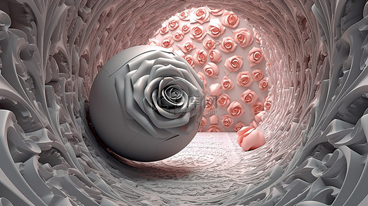 3d 灰色水晶球球体隧道波壁纸与玫瑰装饰背景