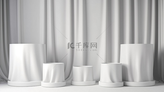 白的简约展台背景图片_干净简约的 3D 渲染白色块讲台，配有清爽的白色窗帘背景，非常适合产品展示