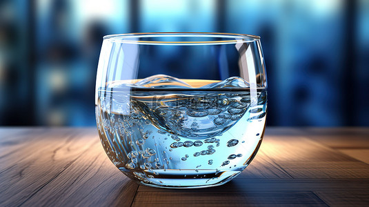 充满清水的大型圆形玻璃杯的 3D 渲染
