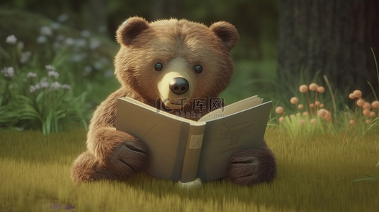 动物卡特背景图片_可爱的熊全神贯注于 3d 渲染的书中