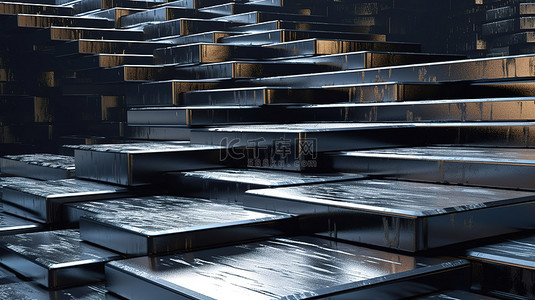 彩色金属背景背景图片_带台阶设计的金属工业板壁纸的 3D 渲染
