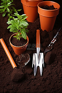 园艺工具和植物坐在泥土中的图像