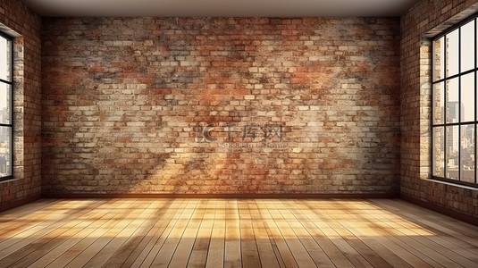 棕色背景背景图片_具有质朴砖纹理和木地板的室内房间的 3D 插图