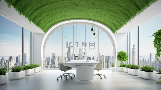 当代未来派办公室内部设有郁郁葱葱的绿色植物墙和 3D 渲染的令人惊叹的城市景观