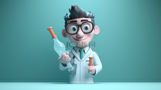 卡通医生与大注射器和透明液体玻璃瓶在 3D 渲染