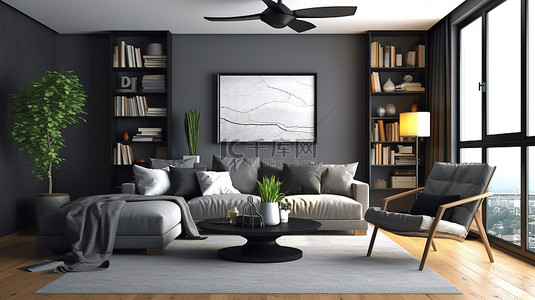 灰色背景图片_当代客厅室内设计概念的 3D 渲染