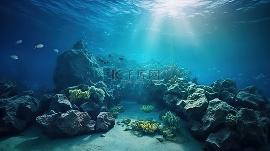 深蓝海洋背景图片_水下景观中花岗岩岩石的 3D 插图，具有充足的呼吸空间
