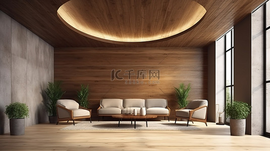 3d木质背景图片_阁楼公寓或公寓主厅现代木质纹理等候区的 3D 渲染