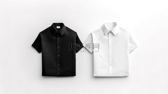 纯黑色 T 恤和纯白色 T 恤设置在 3D 渲染的白色背景上