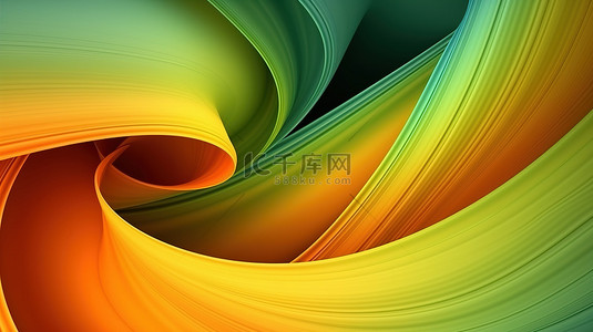 具有纹理外观的绿黄色和橙色抽象分形曲线的 3D 渲染