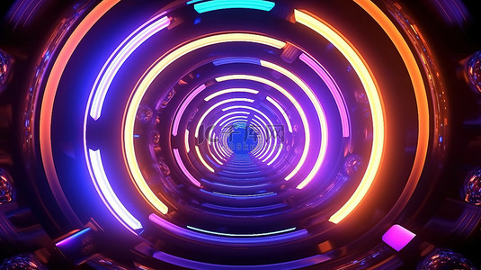 透视空间背景图片_空间背景上带有发光霓虹灯圆圈和星星的未来隧道的垂直 3D 渲染