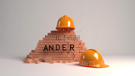 施工工地背景背景图片_白色背景，带有“正在建设中”文本的 3d 渲染和带有橙色头盔的砖块效果