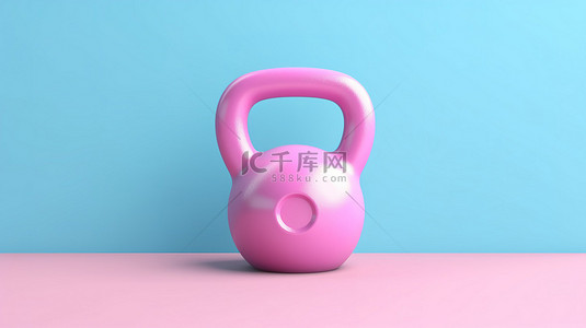 壶铃健身背景图片_带有蓝色壶铃对象的 3D 渲染粉色背景的简约设计